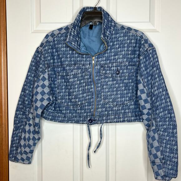 Uptown Blue Denim Cropped Jean Jacket Mixed Checkered Print Small - Picture 2 of 10